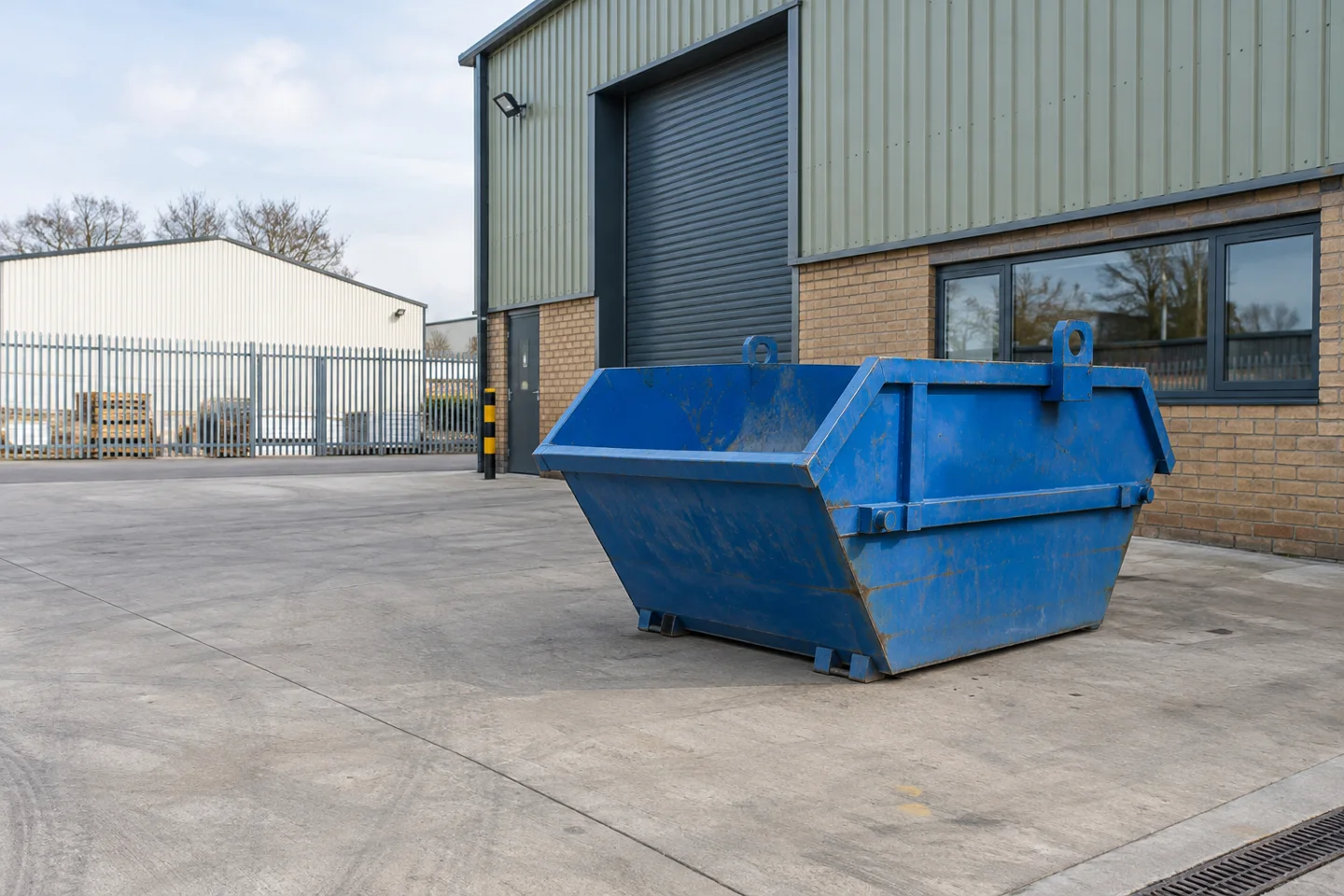 Skip positioned beside a property with space for loading
